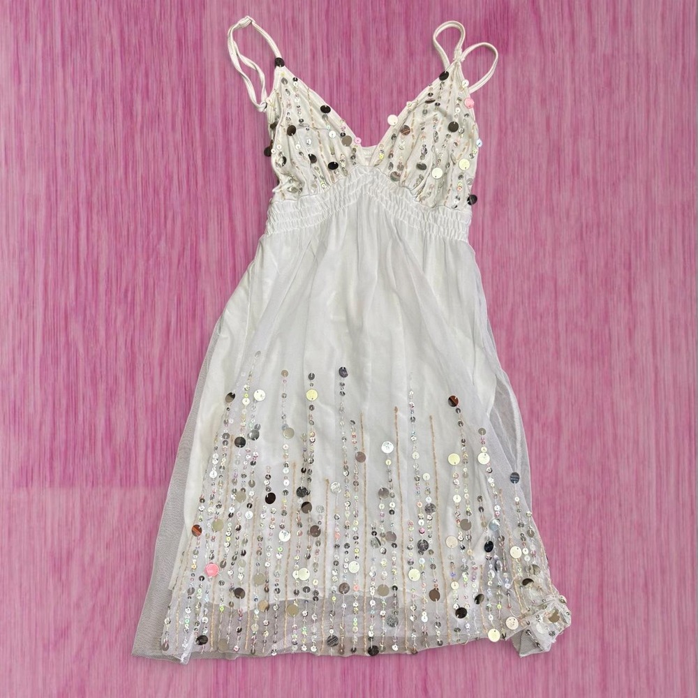 aire 2000s sequin mesh white babydoll dress